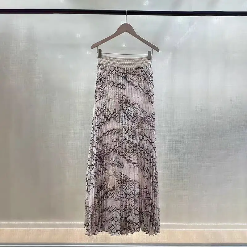 【هدية مجانية】تنورة متوسطة الطول بطيات عالية الخصر لخريف 2025 ذات ثنيات فرنسية عتيقة مطبوعة على شكل بيثون صحراوي للنساء #1