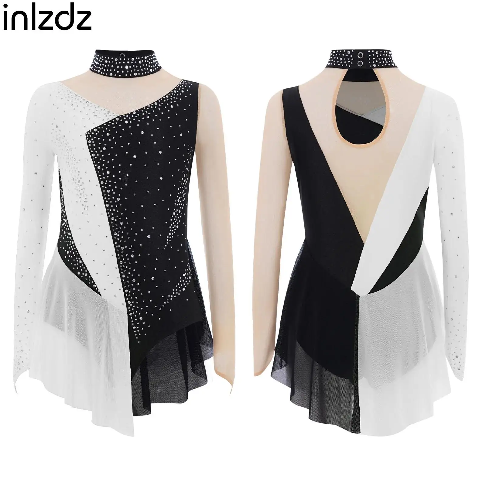 

New Kids Girls Lyrical Dress Figure Skating Dance Party Performance Dancewear Rhinestone Mesh Bodysuit Ballet Gymnastics Leotard
