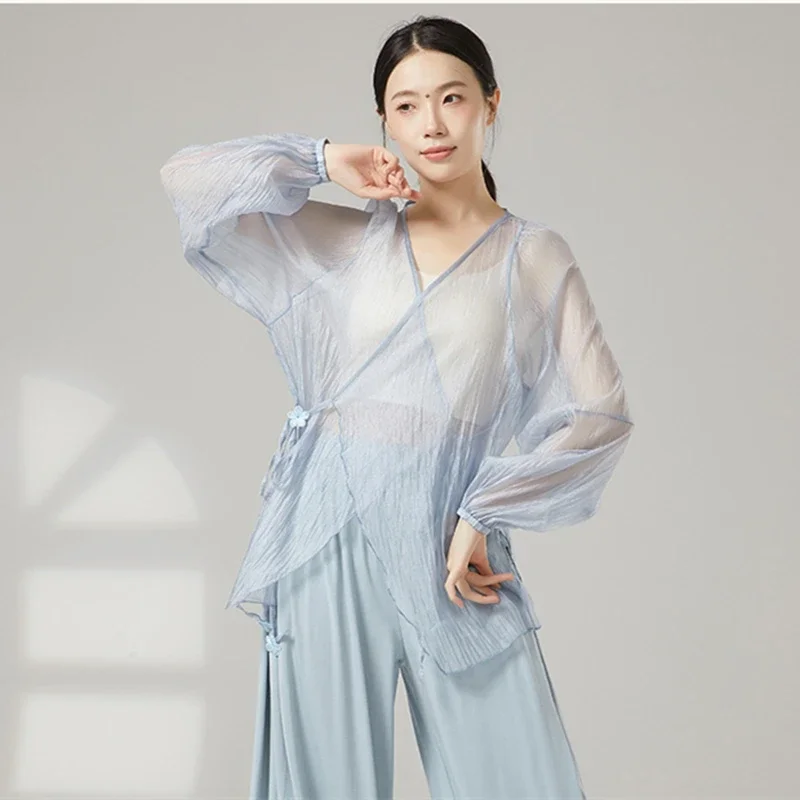 Modern Dance Top Damen Smock Langarm V-Ausschnitt Gaze Shirt Folk Performance Sheer Floating Bands Tied Lyrica Trainingskleidung