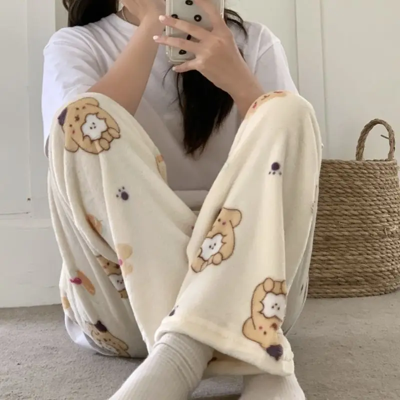 Plus Size 4XL Cartoon Dog Fluffy Pajama Pants Women Winter PJ Pants Warm Pyjamas Kawaii Beige Flannel Sleepwear Home Trousers