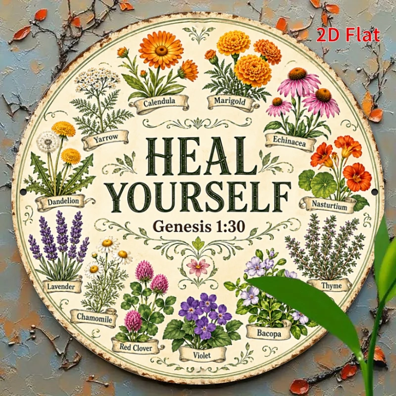 Copy 1:30 Days Creation Herbal Flowers Metal Sign, Vintage Botanical Decor Sign, Religious Natural Remedy Metal Wall Art