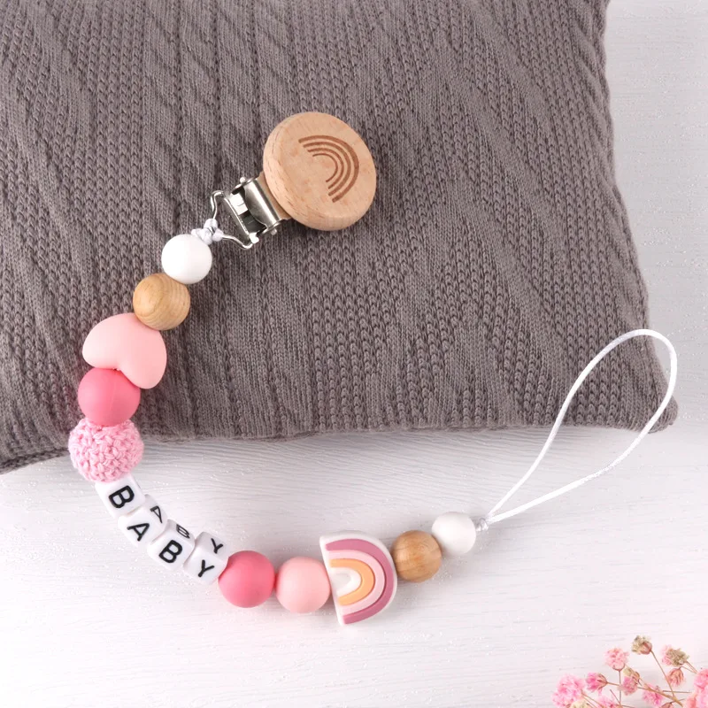 Personalized Name DIY Baby Pacifier Clips Wood Rainbow Dummy Nipples Holder Clip Chain Newborn Teething Toys Feeding Accessories