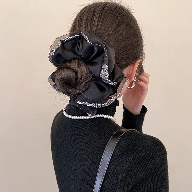 Übergroße Haargummis aus Seidenkristall für Frauen, übertrieben, glänzender Strassstein, schwarze Netz-Kopfbänder, modischer Haarschmuck