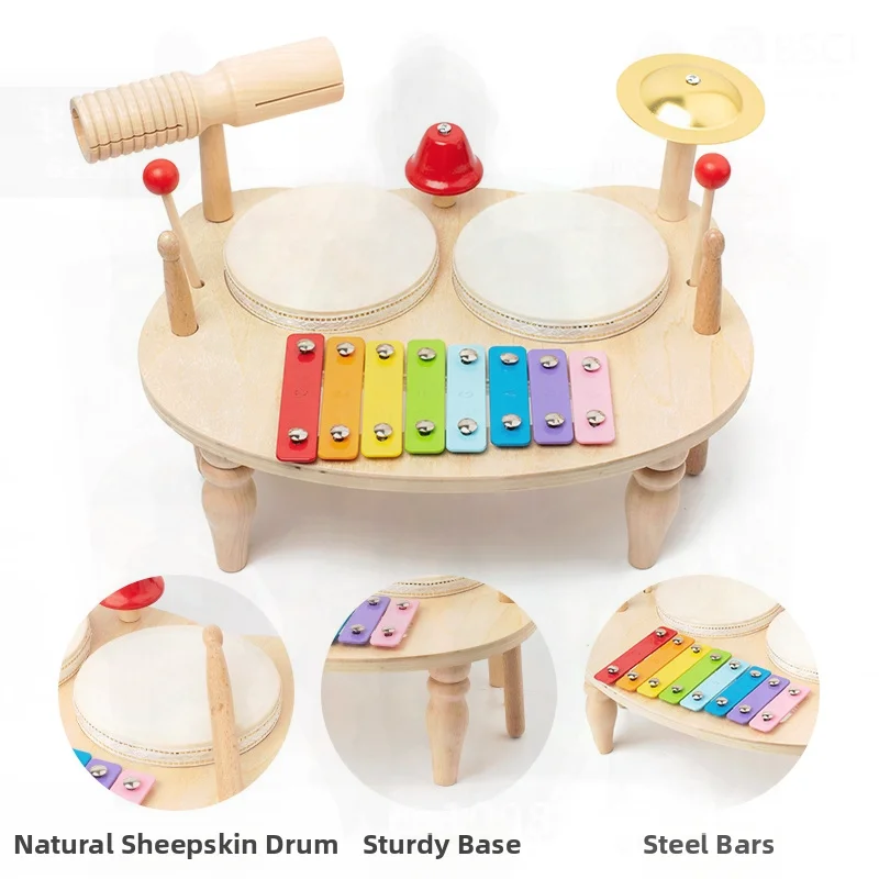 Children's Wooden Multifunctional Percussion Instrument Drumming Gong Baby Hand Drum Educational Toy for Music Learning And