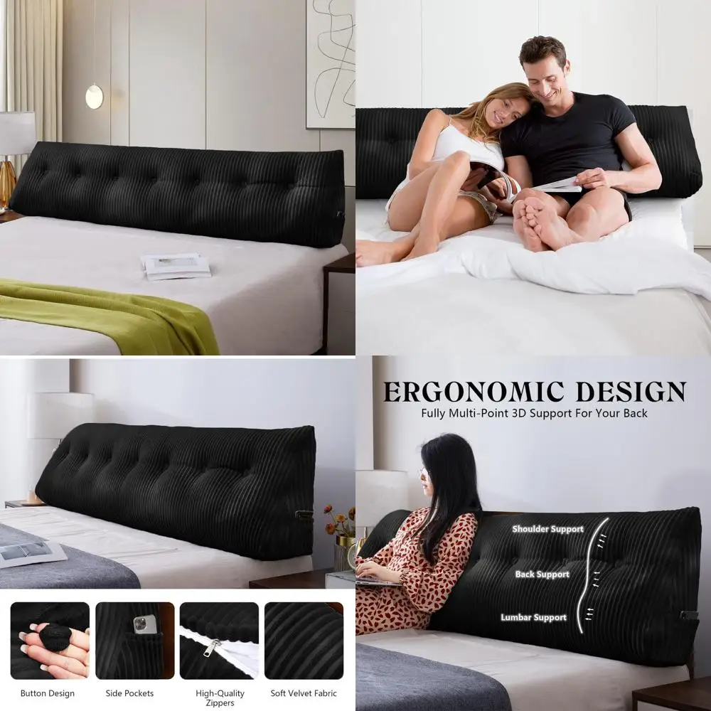 

King Size Bed Rest Pillow, Triangular Bolster for Reading & Sitting Support, 76x8x20 Inches, Black