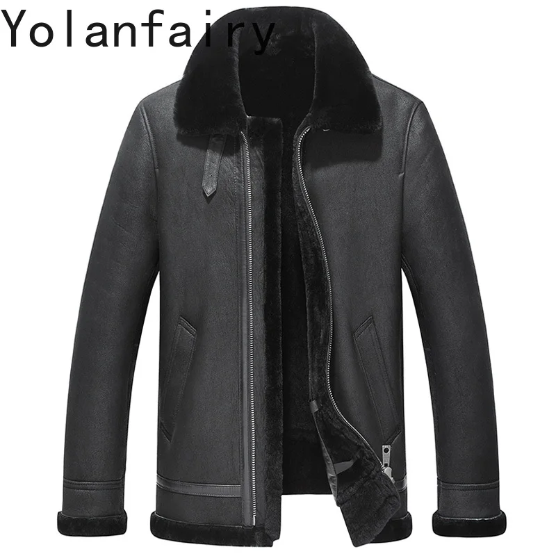 YOLANFAIRY 100% Natural Leather Jacket Men Winter High Quality Warm Real Wool Fur Coat Man Clothing Short Fur Coats and Jackets