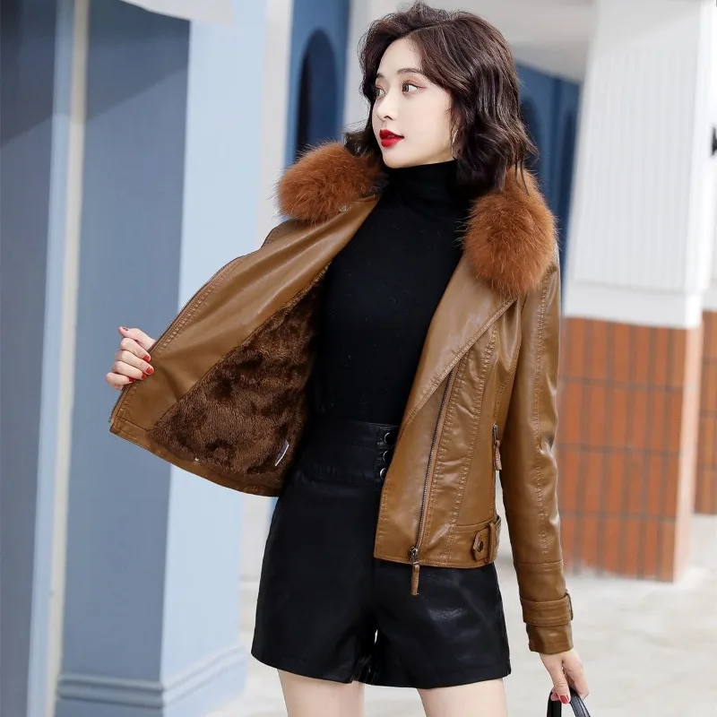 2023 Winter New Women Short Leather Jacket Fox Fur Collar Thickened Thermal Slim Fit Leather Coat Fashion Solid Color outwear