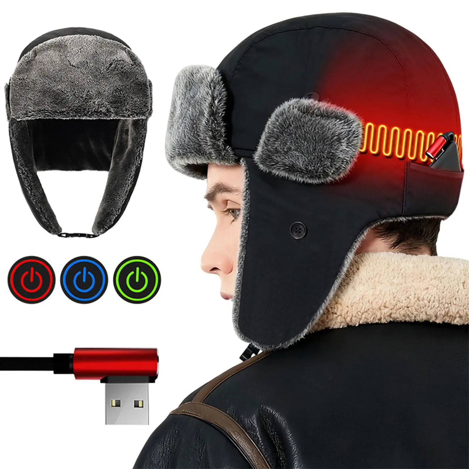 

Heated Hat for Men woman USB-Powered Warm Headgear Windproof Thermal Ear Protection Hat winter Fishing Ski Motorcycling Camping