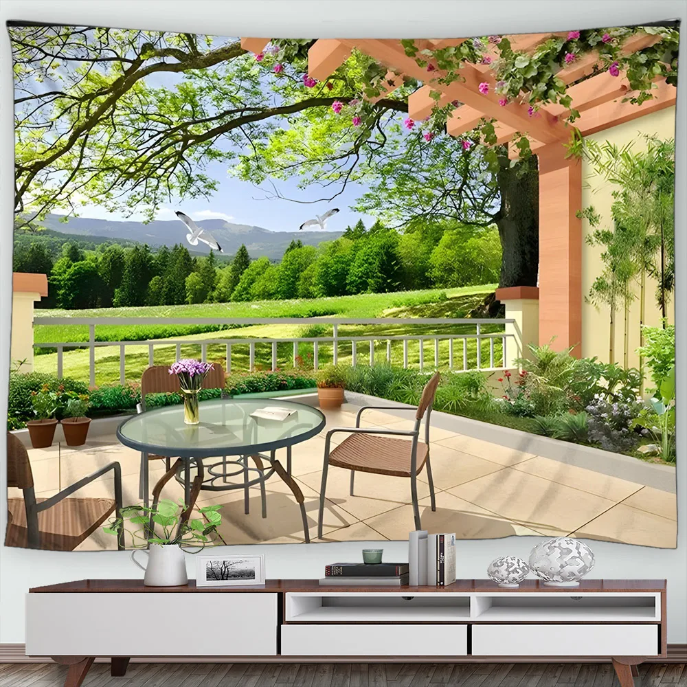 

Garden Tapestry Wall Hanging Decor Arched Door Flower Plant Floral Bedroom Living Room Tapestry Nature Scenic Wall Hanging Decor