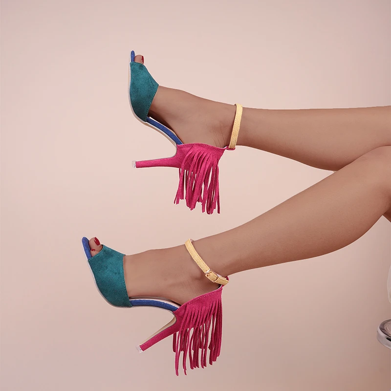 Tassel Buckle Casual Style Shoes Summer Women Sandals High Heel Colorblock Fish Mouth  SandáLias Femininas mary jane shoes