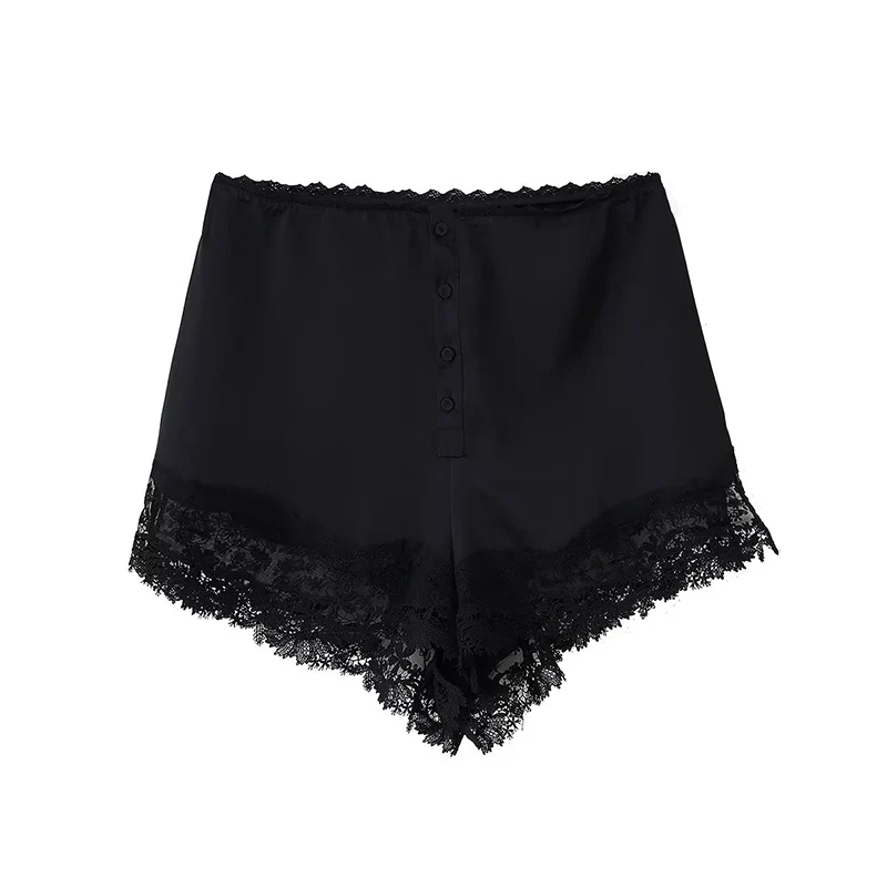 Frauen 2-teiliges Set Herbst Einfarbig V-ausschnitt Ärmellose Spitze Dekoration Halter Top + Einreiher Dünne Shorts Weibliche Casual set