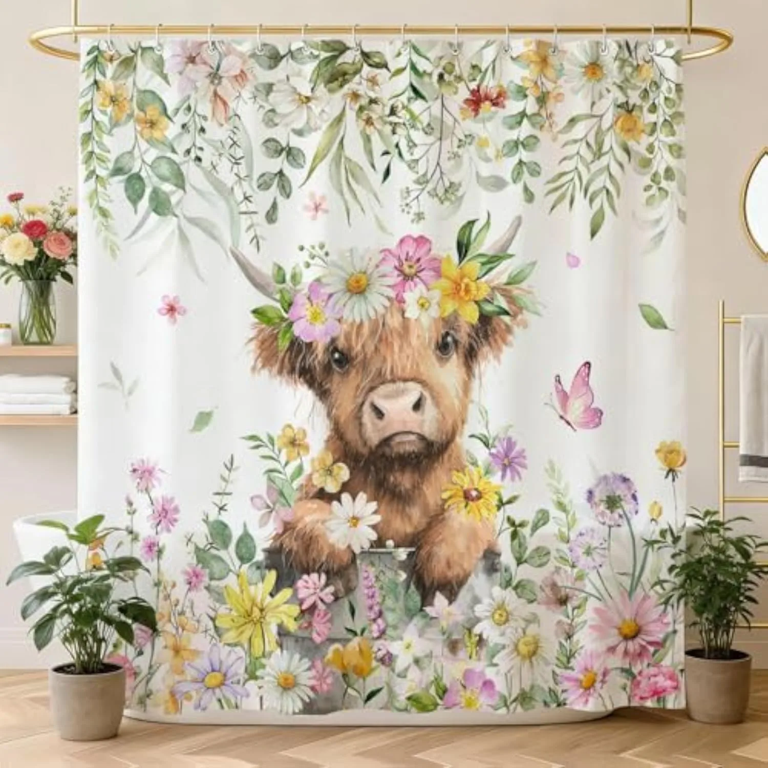 Spring Highland Cattle Shower Curtain Highland Cow Watercolor Floral Bathroom Shower Curtain Farmhouse Shower Curtains