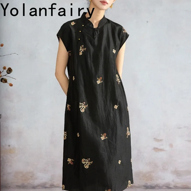 YOLANFAIRY Embroidery Crack Texture Gambiered Silk Short Sleeve Dress for Women 100% Pure Mulberry Silk Cheongsam Dresses Luxury