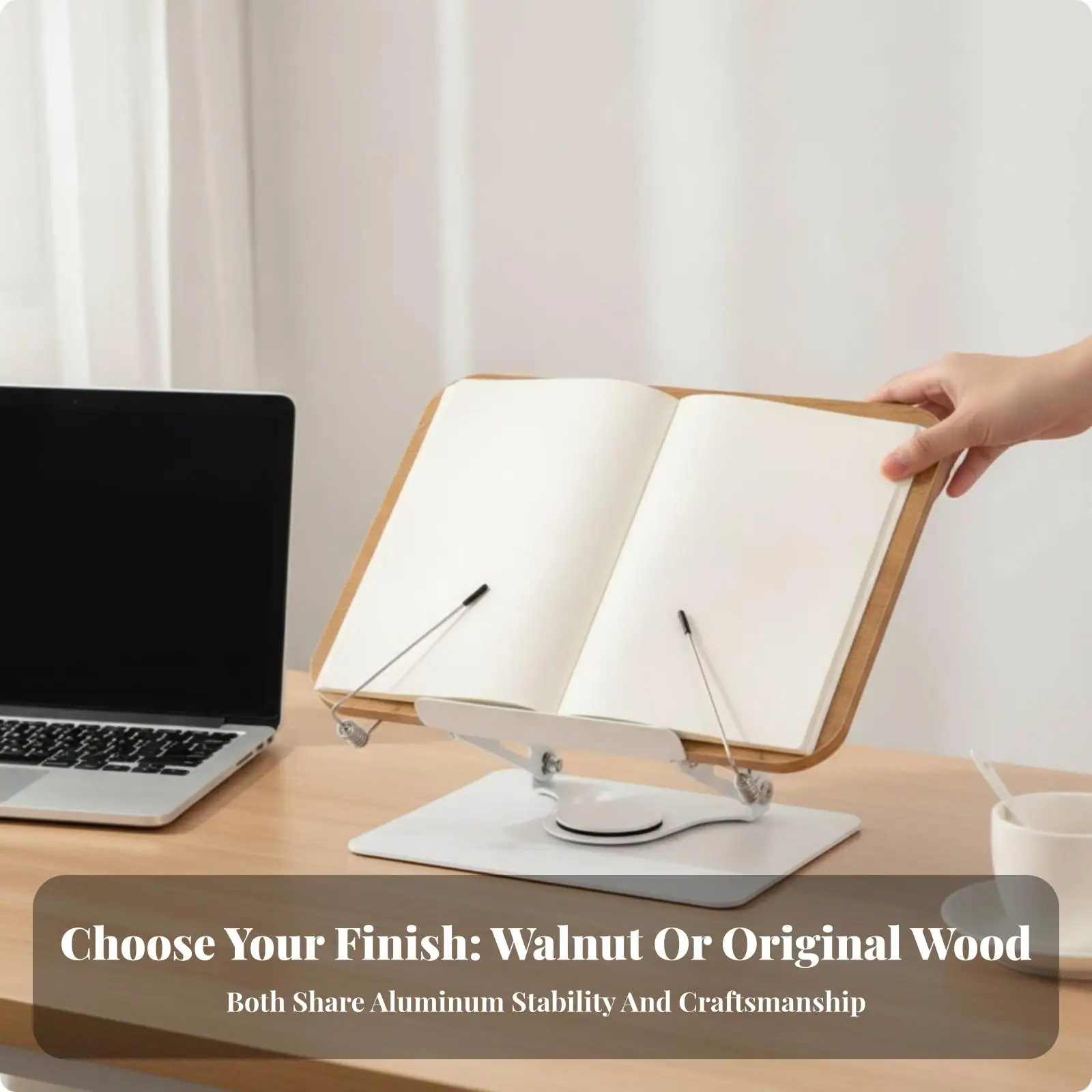 Premium Wood Aluminum Book Rest Stand Tilting Rotating Base for Hands Free Reading Music