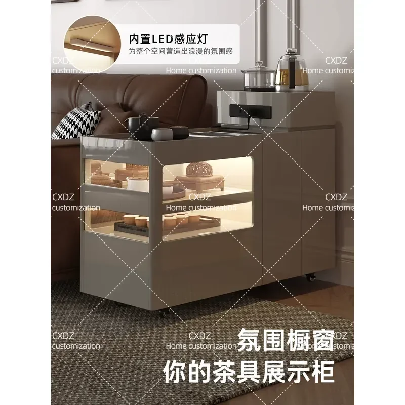 Light Luxury Living Room Sofa Side Cabinet with Integrated Kettle Multi-functional Movable Tea Table Small Side Table