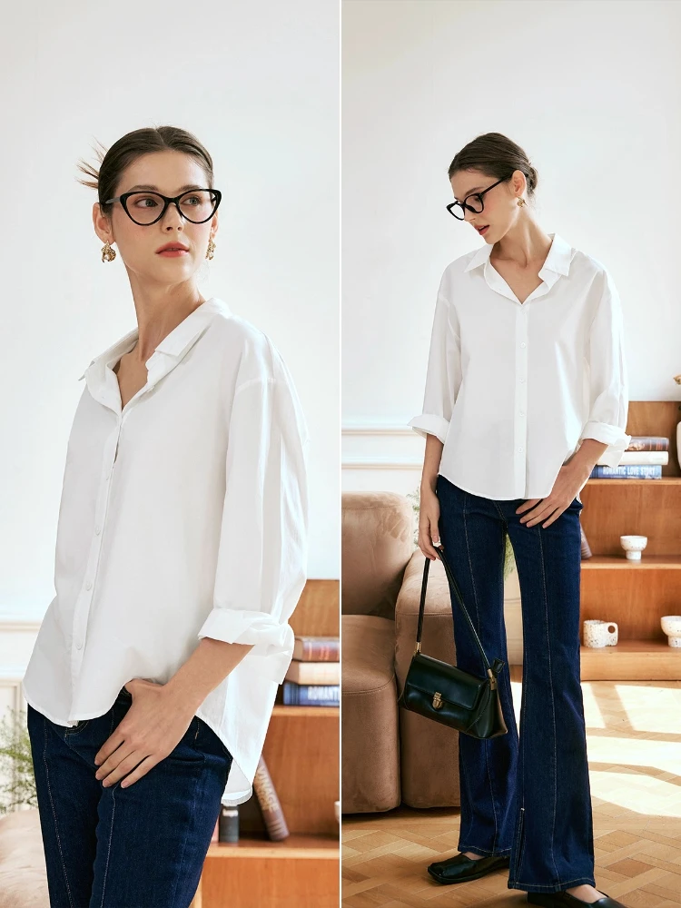 OLrain Women's White Long Sleeve Shirt 2025 Autumn New Arrival Loose-fit Turn-down Collar Dropped Shoulders Shirt O57QC83600