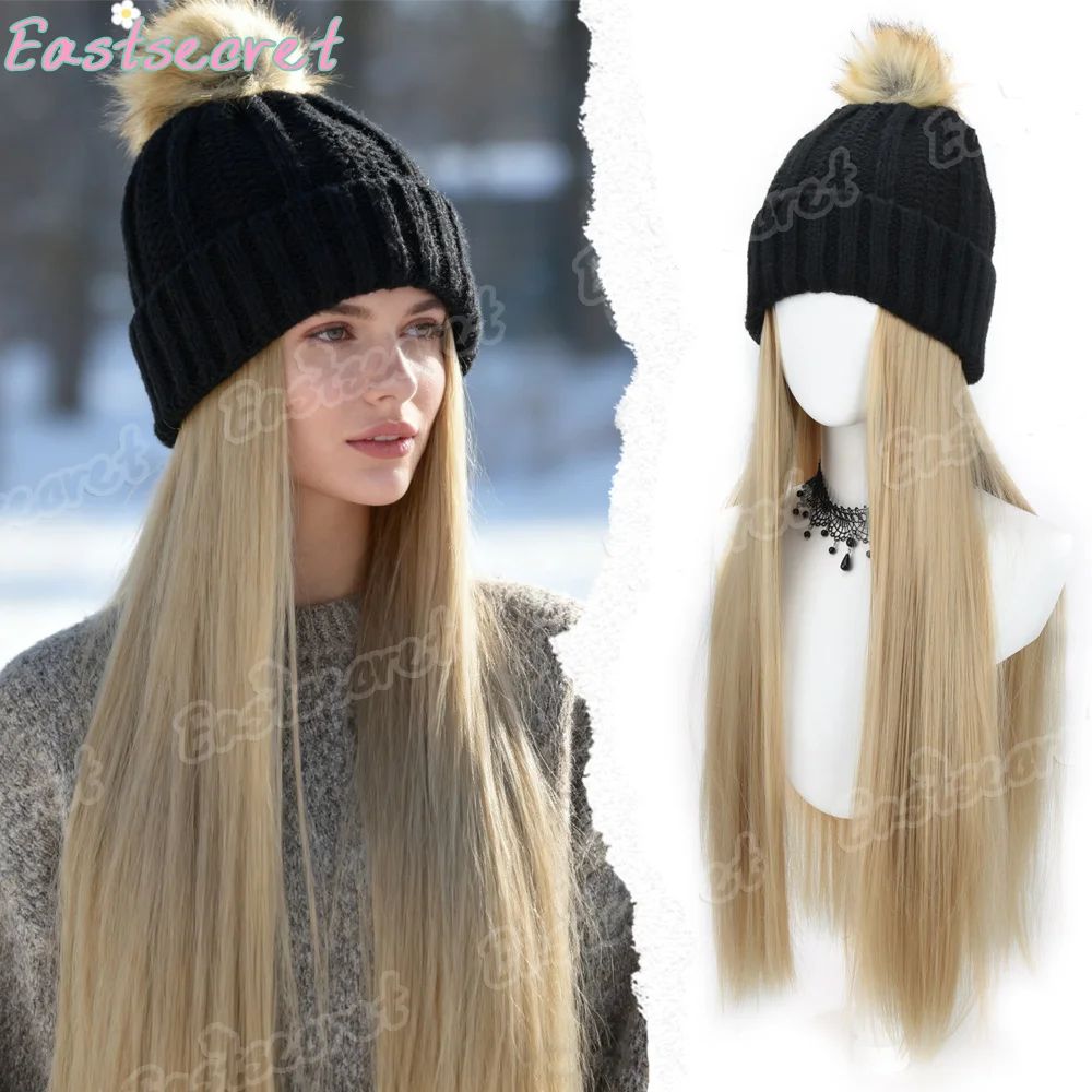 EAST Long Wavy Curly black Knit Hat Wig Long Wavy Curly Hairpieces Attached Hat with Hair Winter Knit Warm Hat with Hairpiece