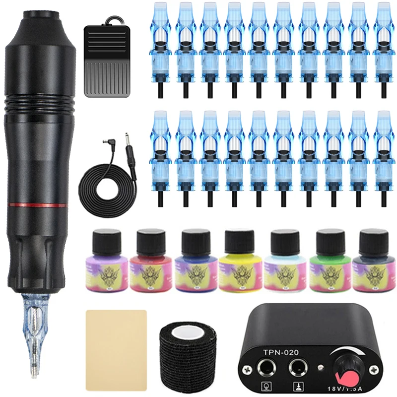 

Complete Rotary Tattoo Machine Kit for Beginners Tattoo Guns Set Accessories with Cartridges Needles 7 Color Inks Power Supply