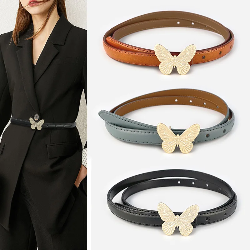 

Women's Belt Trend Butterfly Alloy Buckle Girdle Genuine Leather Thin Belts Brand Designer 1.4cm Width Adjustable Waistband New