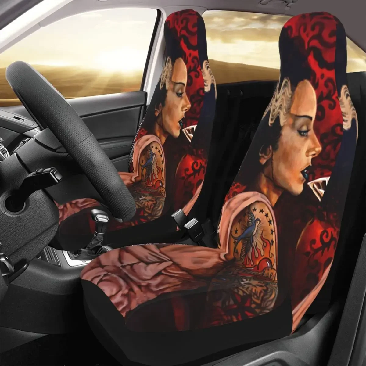 Bride Cocktail Tattoo Artist Universal Car Seat Covers Fit for Cars Trucks SUV Van Frankenstein Bride Auto Seat Cover Protector