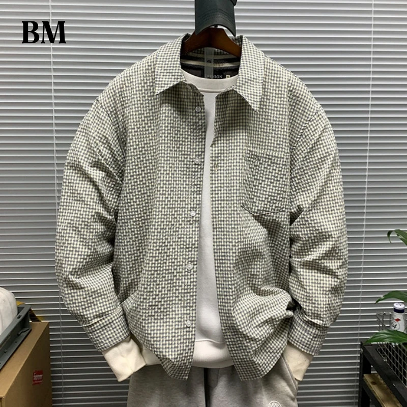 Men's Regular Fit Houndstooth Plaid Long Sleeve Shirt Japanese Retro College Style Turn down Collar Casual Spring Streetwear