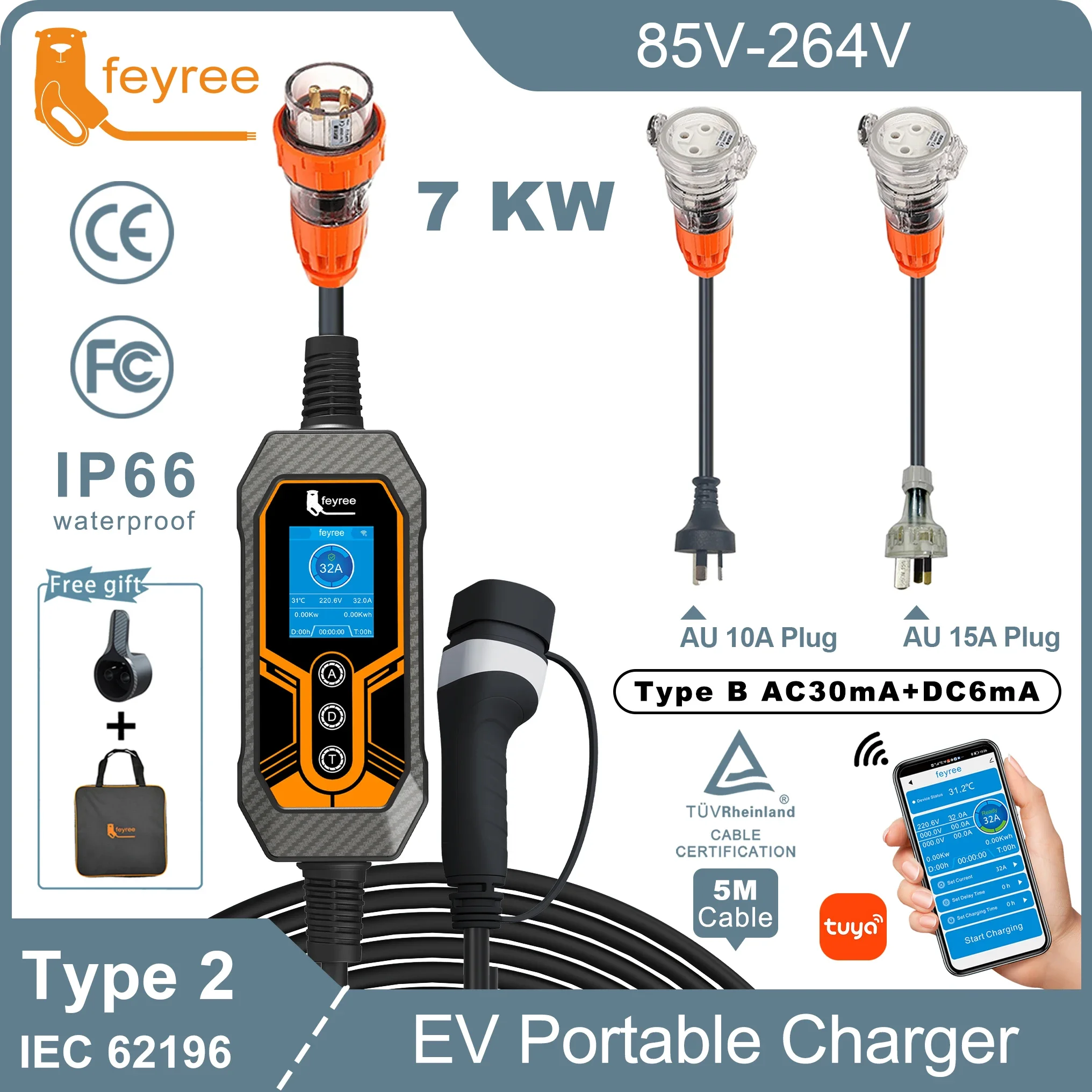 

feyree Portable EV Charger Type2 32A 7KW EVSE Wi-Fi APP ‌Ctrl Adjust Current Smart Charging with AU 3pin plug for Electric Car