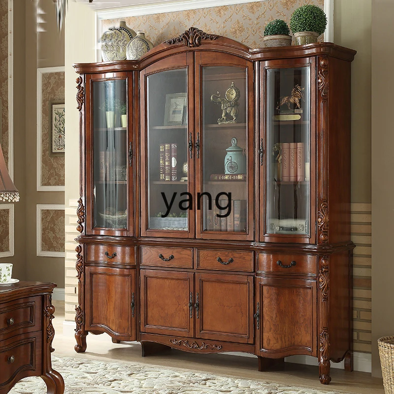 YJQ American solid wood carving flower four door glass cabinet boss office bookcase study storage