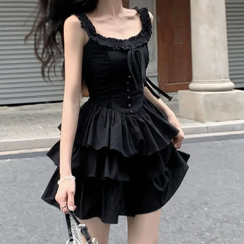 

Summer Fashion Vintage Solid Color Double Layer Ruffled A-Line Pleated High Waist Folds Sleeveless Halter Neck Tank Mini Dress