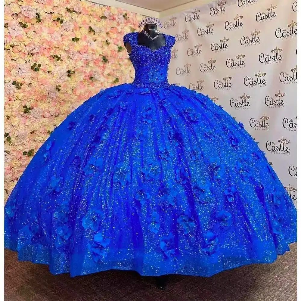 Angelsbridep Koningsblauwe Kralen Prinses Quinceanera Jurken Appliques Feestjurk Tule Sweet Vestido De 15 16 Anos Custom