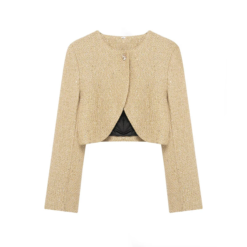 Willshela Women Fashion With Sequined Golden Single Button Cropped Jackets Vintage Long Sleeves O-Neck Female Chic Lady Outfits