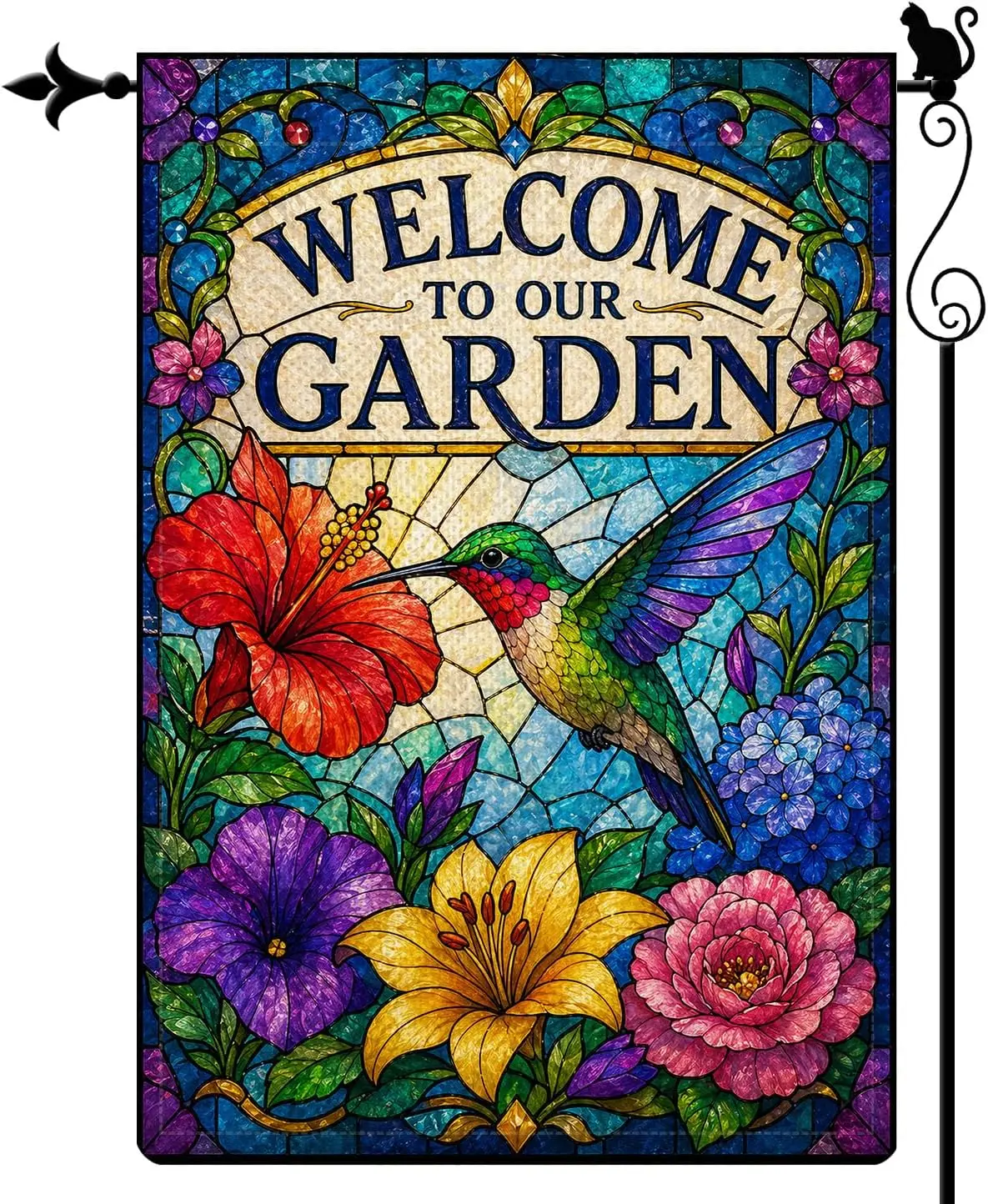 Welcome to Our Garden Stained Glass Hummingbird Garden Flag, Double Sided Outdoor Yard Flag, 12 x 18 Inch Burlap Seasonal Po jjp