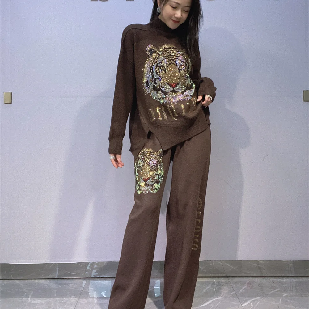Set lavorato a maglia con strass testa di cartone animato da donna americana, pullover autunno inverno, maglione a collo alto, pantaloni lunghi a gamba larga, abito a due pezzi