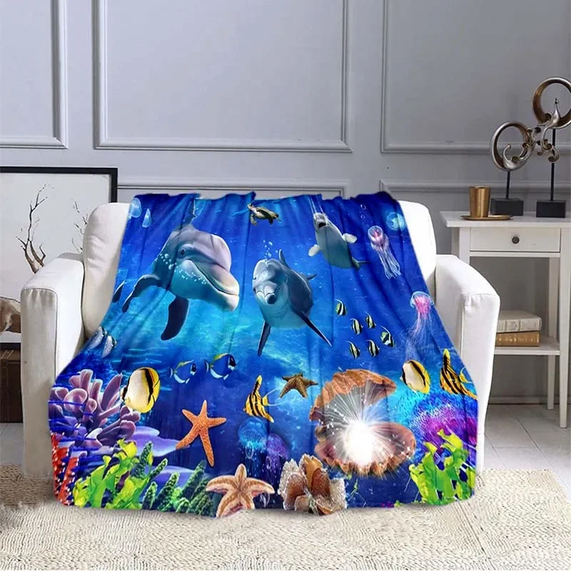 Ocean Dolphin Pattern Blanket Sofa Blankets for Beds Super Soft Warm Blanket Cover Flannel Throw Blanket Lightweight King Size