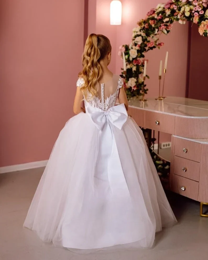 Vestido de niña de flores de encaje para bodas vestido de comunión vestidos largos de tul para niña con lazo vestido de princesa para dama de honor junior