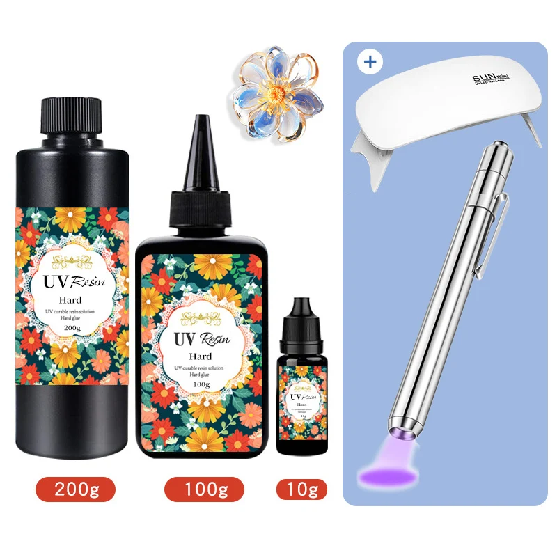 10/100/200g UV Resin Glue 6W UV Lamp Light Quick-Drying Epoxy Resin Glue Kit for Bonding Glass Metal DIY Jewelry Crafts Decor