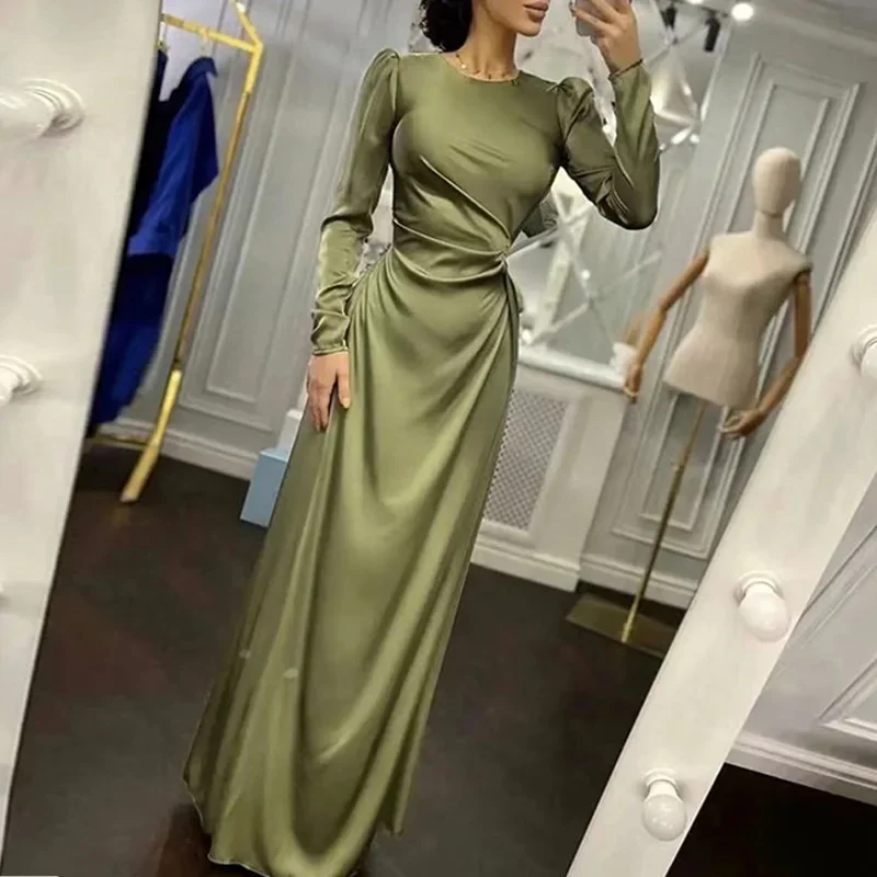 Elegant Women Bodycon Party Dress Summer Long Sleeve Slim Fit Sundress Femme Robe Solid Round Neck Ladies Long Dress Cover Up