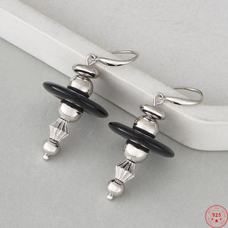 

S925 Sterling Silver Charms Drop Earrings for Women New Fashion Multilayer Universe Future Black Agate Ear Drop Free Shipping