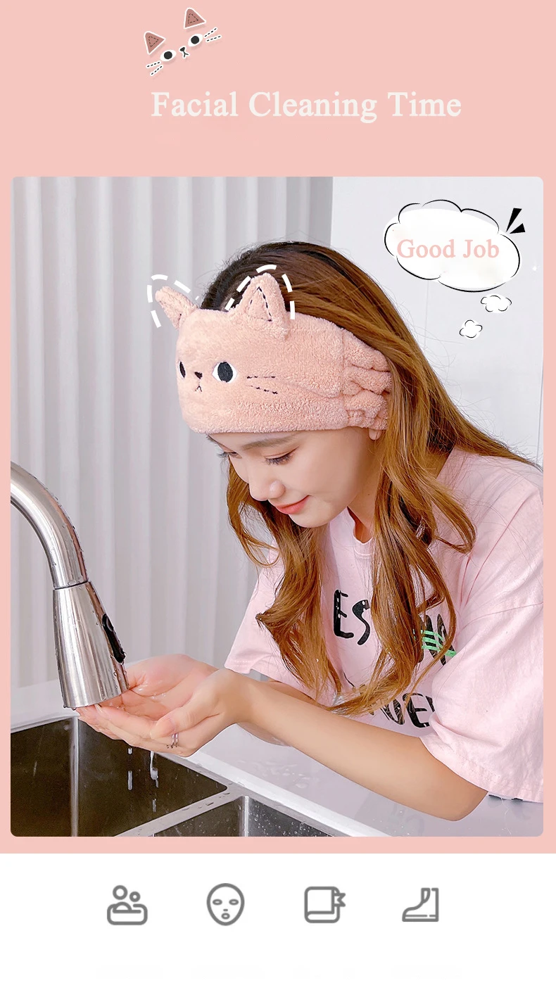 Katzen-Korallen-Fleece-Stirnbänder für Frauen, niedliche weiche Haarschleifen, Stirnband, Haarbänder, waschbares Gesicht, Make-up, Turbane, Bandage, Mädchen-Accessoires – Detail 6