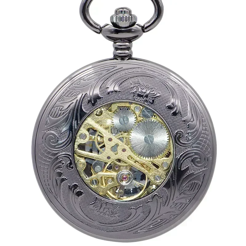 New Fashion Wind Up Automatic Mechanical Pocket Watches Vintage Skeleton Gear Roman Numbers Case Best Gift for Men Women PJX1406