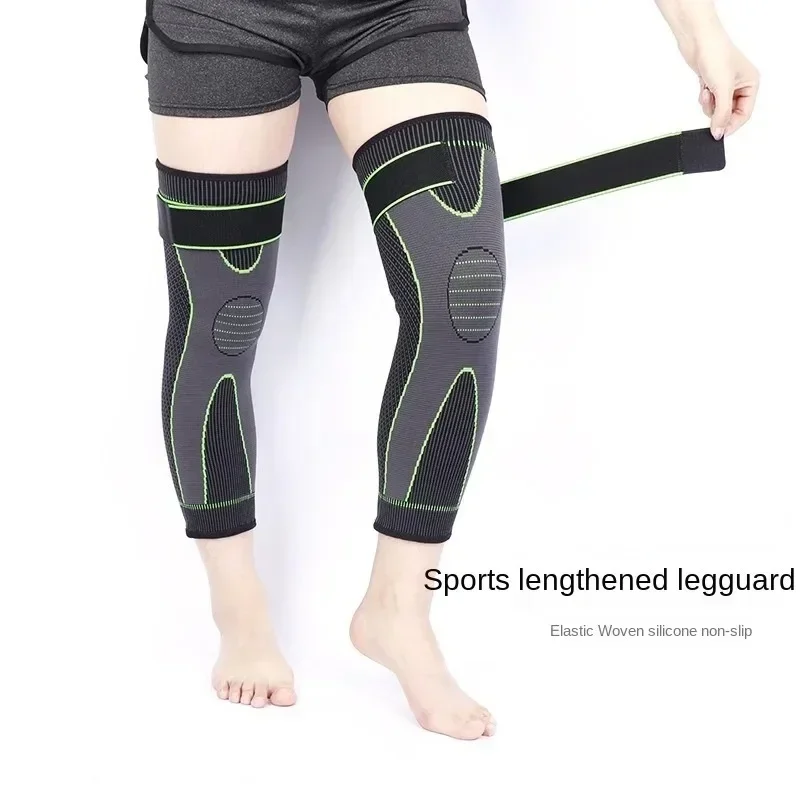 Hot Elastic Yellow-green Stripe Sports Lengthen Knee Pad Leg Sleeve Non-slip Bandage Compression Leg Warmer for Men and Women