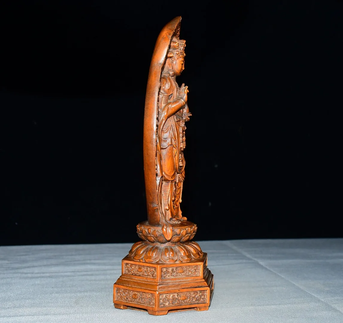 8"Old Boxwood Buddha Terrace Backlight clean bottle Guanyin Bodhisattva Standing Buddha Study screen Amass wealth Ornaments view 3