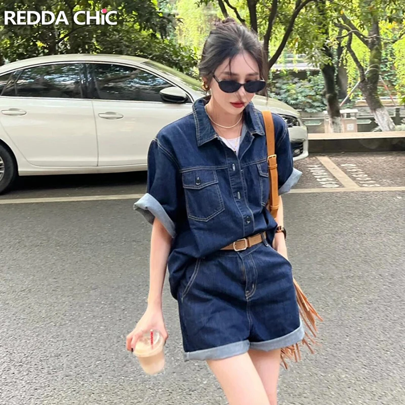 ReddaChic Cowgirl Shirt Shorts Women Denim Suit Lapel Long Sleeves Oversize Blouse Top Rolled Shorts Wide Pants Vintage Clothes