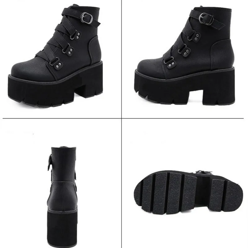 Punk Style Chunky High Heel Ankle Boots Women Cross Strap Platform Boots for Women Winter Non-slip Waterproof Warm Biker Botines