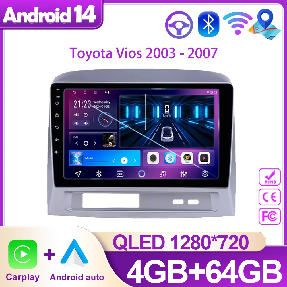 

For Toyota Vios 2004-2007 Video Player Android 14 Auto Radio Head Unit Navigation Multimedia Stereo WIFI Carplay No 2din DVD BT