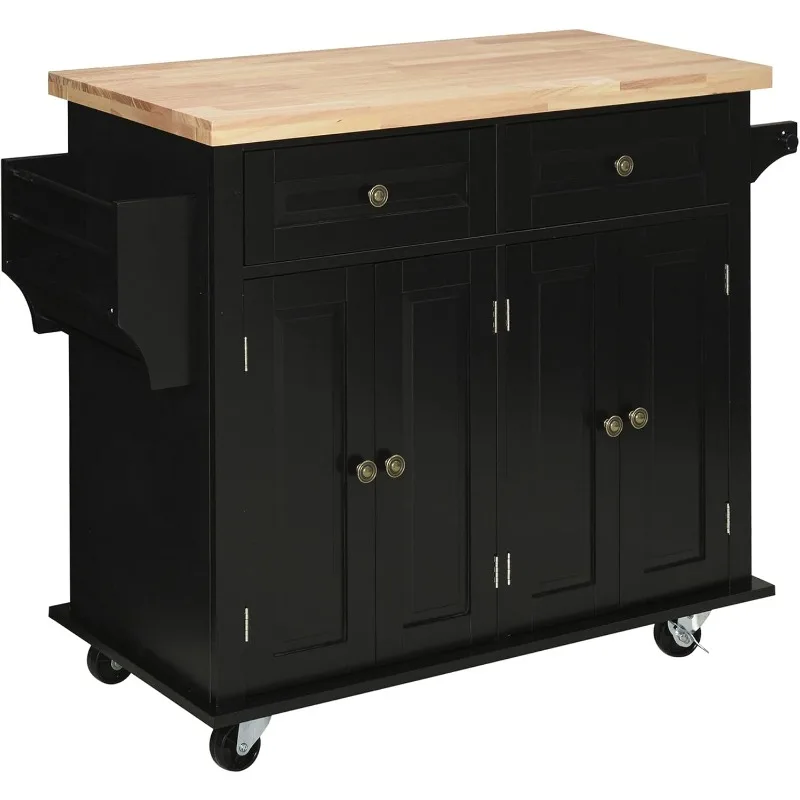 

Kitchen Island on Wheels, Rolling Cart with Rubberwood Top, Spice Rack, Towel Rack and Drawers for Dining Room