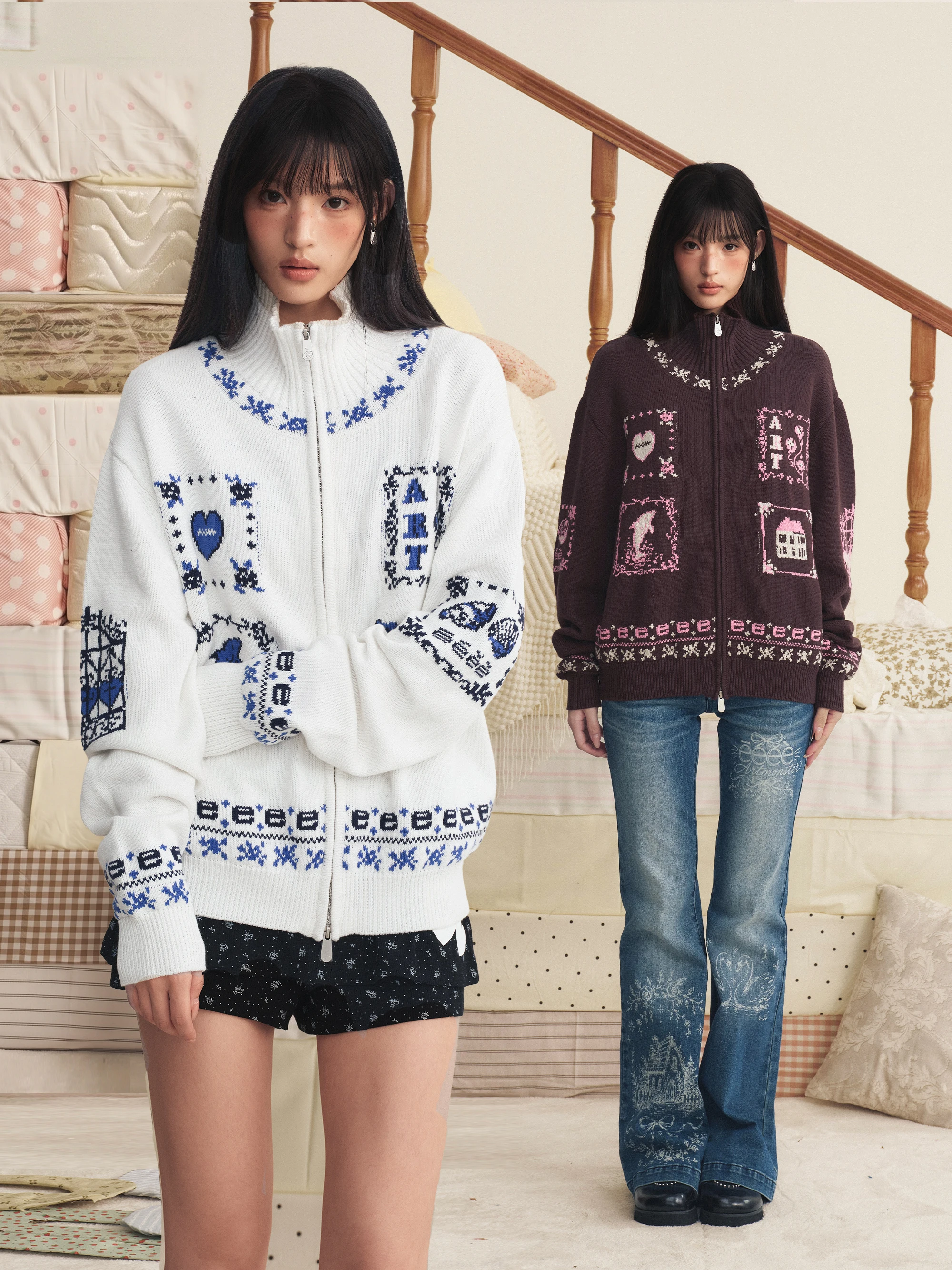 Elegant Graffiti Knitted Cardigan Collar Jacket Fair Isle Color Block Youthful Vitality Long Sleeve Skin-friendly Breathable