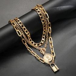 3 Pcs Multi-Layer Gold Color Necklace Set For Woman Elegant Chokers Retro Neck Chain Coin Lock Pendant Necklace Jewelry Gifts