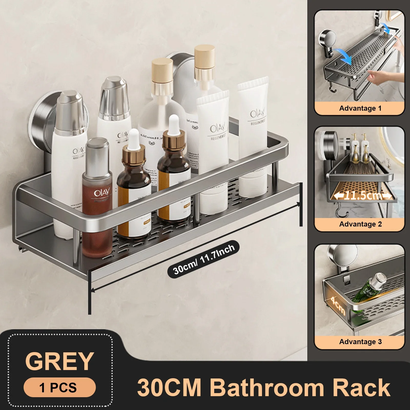 

Suction Cup Bathroom Rack Bathroom Shelf Toilet Space Aluminum No Drill Hanging Rack Bathroom Organizer Hang On the Wall