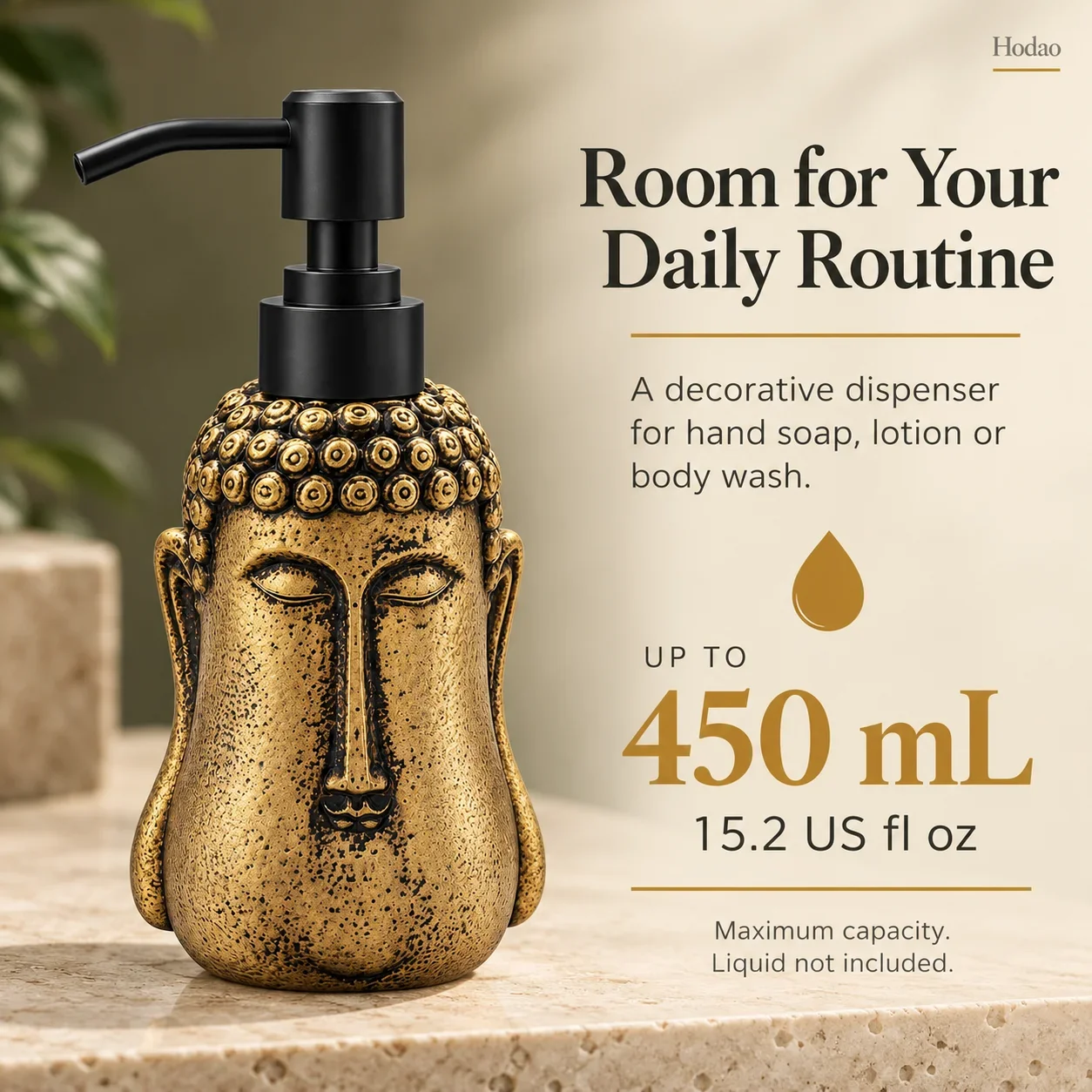 Hodao Buddha Head Soap Dispenser, Antique Gold Resin Liquid Soap Pump, Zen Decor for Bathroom Vanity and Kitchen Sink Countertop