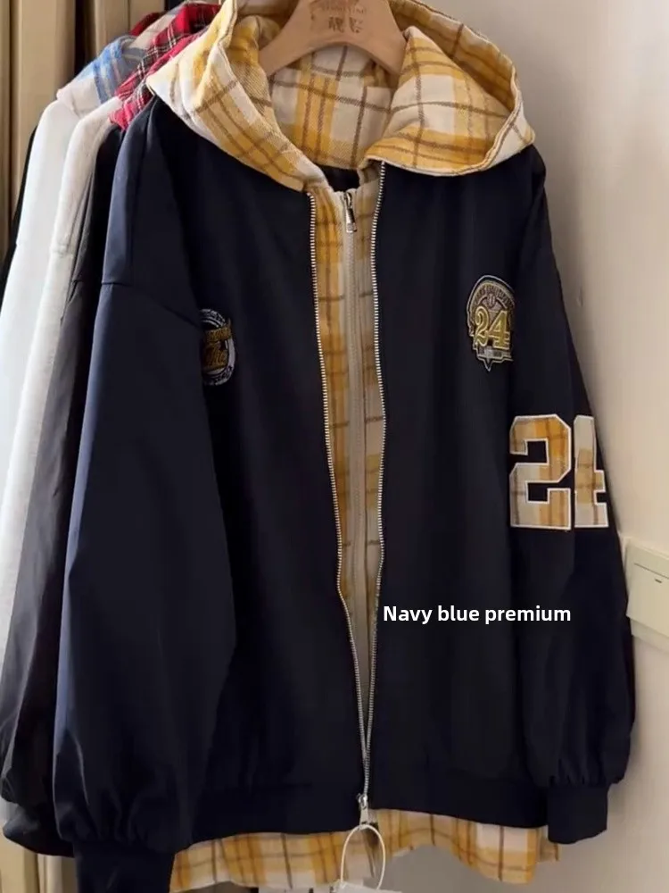 American sle primavera outono novo chapéu solto jaet xadrez ex outerwear falso de duas peças juventude longo sve zíper